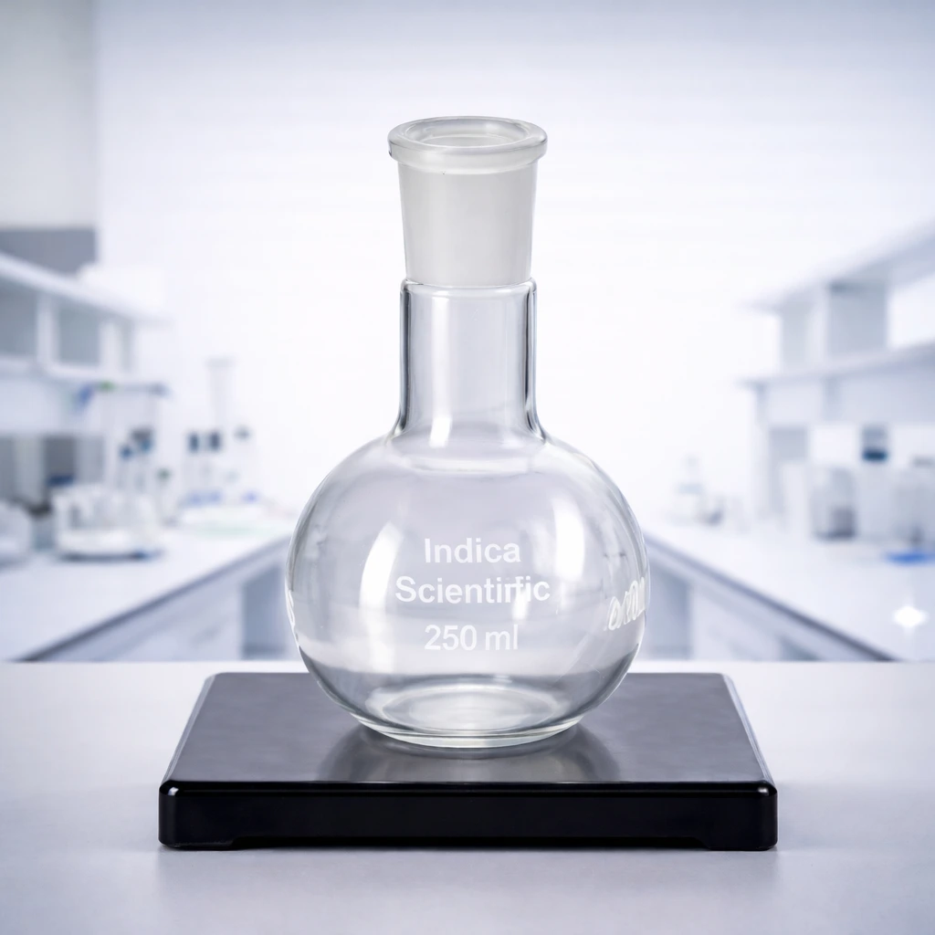 Flat bottom flask with medium length neck for versatile use