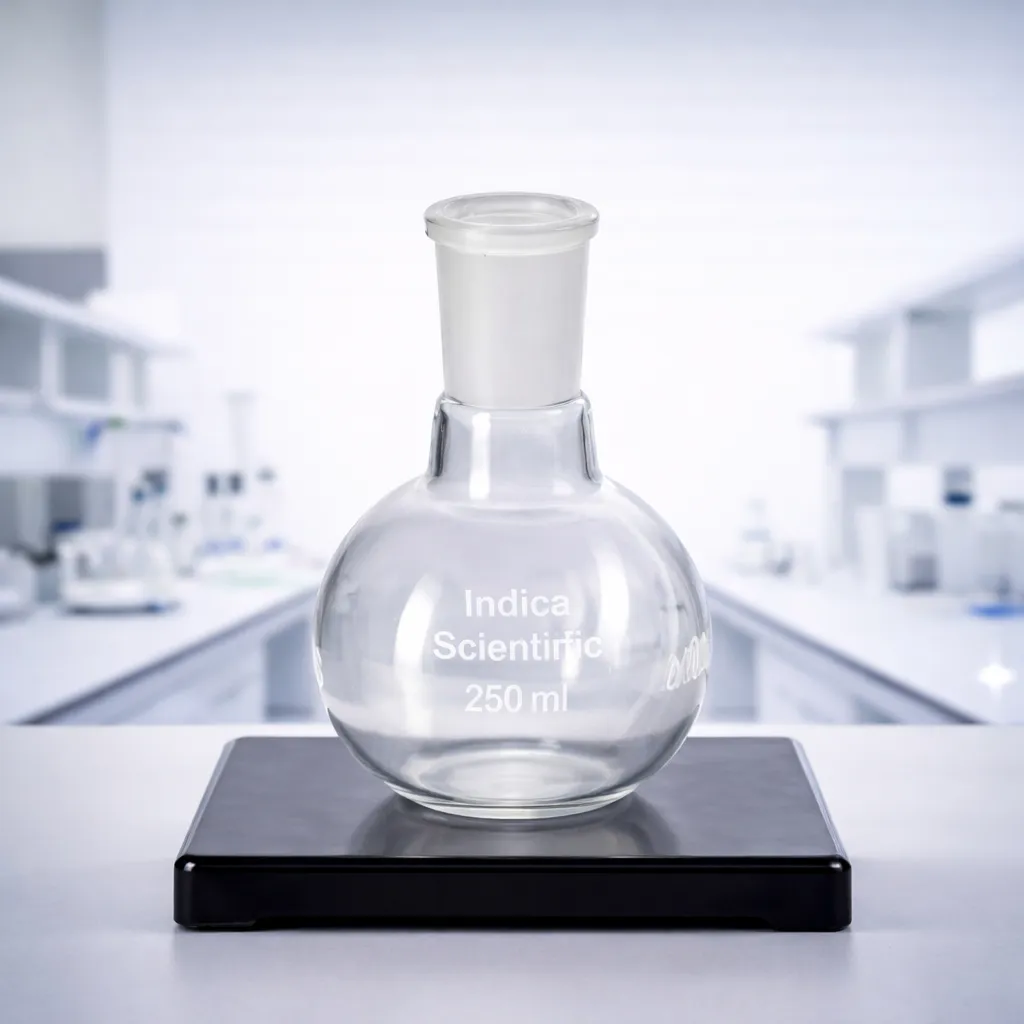 Stable flat bottom flask with short narrow neck